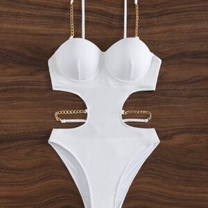 White Cutout One-Piece Swimsuit with Gold Chain